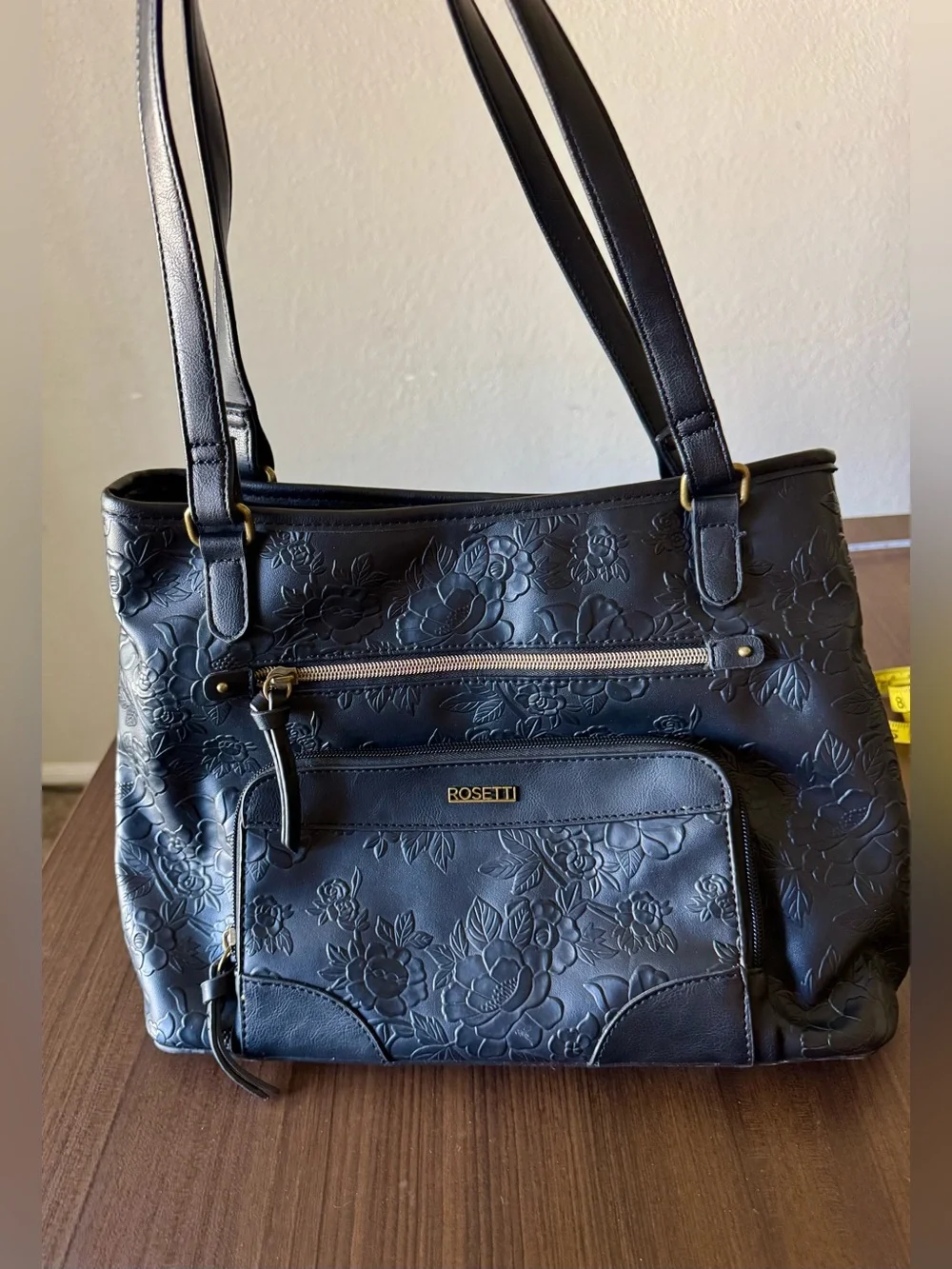 Rosetti Black Floral Embossed Tote with Gold Accents